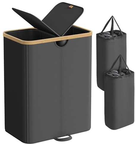 SONGMICS Laundry Hamper with Lids, Laundry Basket with 2 Compartments, 39 Gal. (150 L), Removable Liner Bag, for Laundry Room, Bedroom, Living Room, Ink Black and Light Bamboo ULCB523B01