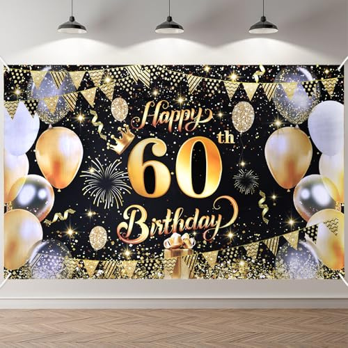 ANOMM 60 Striscione di Compleanno, 60 Anni Compleanno Festa Decorazioni Oro Nero, Fondale per Decorazioni del Buon Compleanno Decorazione, per Festa di Compleanno Donna Uomo (180 x 110 cm)