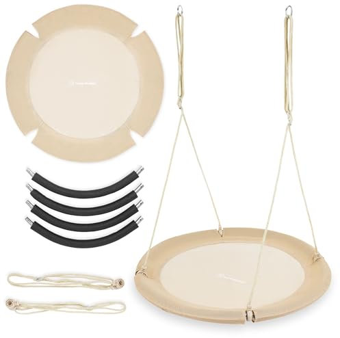 HyperMotion Altalena da Giardino per Bambini e Adulti - Seduta Nido Sospesa 100cm Beige, Altezza Regolabile 105-180cm, Struttura Resistente alle Intemperie, Portata Massima 150kg