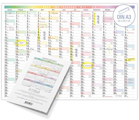 TOBJA A3 Wandkalender 2026 Jahresplaner mit großen Feldern | Buntes Design | DIN A3 (42x29,7 cm) | FSC-zertifiziert | Wandkalender für Büro & Homeoffice | Planer für Termine & Feiertage