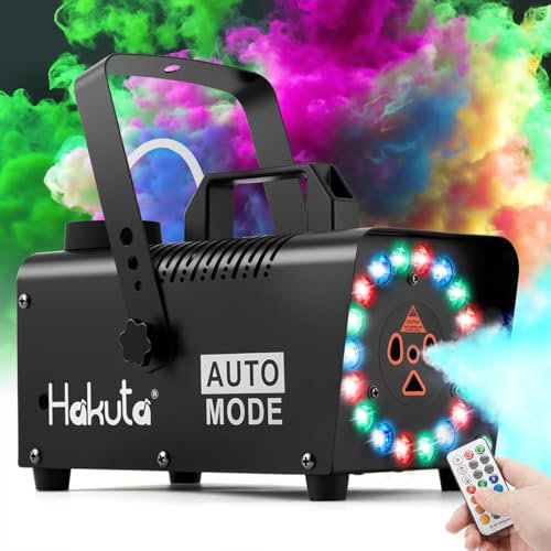 Hakuta Máquina de Niebla con 18 Luces LED, Mando a Distancia, Función Automática - Efecto Humo para Fiestas, Eventos en Interiores, Decoración Hogar (Negro)