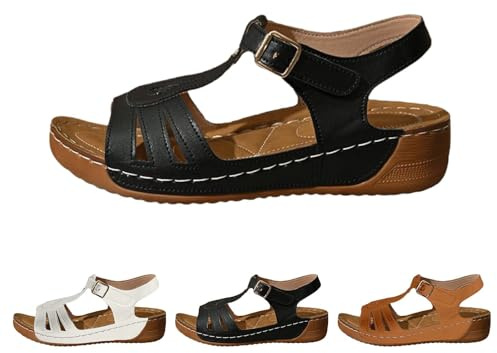 Spänne upp sandaler kvinnor kil fisk mun sandaler bekväma ortopediska med fotvalv stöd mjuk sula bred passform utomhus strandskor ihålig plantar fasciit sport för platta fötter damer sommarskor, Svart