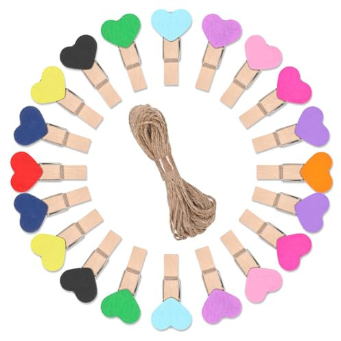 Heart Clothespins, 50 PCS Mini Colorful Clothespins Cute Wooden Clips Small Clothes Pin Photo String Hanging Photo Display with Clips for Home Party Wedding Decoration