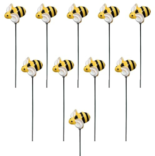 Lot de 10 piquets décoratifs en résine et métal pour jardin, pelouse, terrasse, parterre de fleurs - Motif bourdon mignon (30 cm)