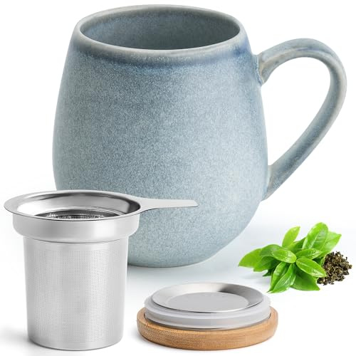 Happy Lemuro Tazza da tè con coperchio e colino – 550 ml – grande tazza da tè con filtro – tazza XXL con coperchio – tazza da tè grande – tazza grande – accessori per tè – tazza jumbo (blu oceanico)