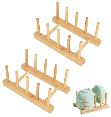 Megcdtr Wooden Plate Rack, 2 PCS Wooden Dish Drainer, Plate Racks for Cupboards, Dish Drying Rack for Cutting Boards Pot Lids Dinner Plates Bowls Cups (4 Slots)