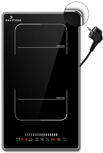 Placa de inducción de 2 fuegos con marco, placa de cocina DELITEER doble con marco, induccion dos fuegos, zona flexible para barbacoa, touch, cerradura de seguridad, enchufe de 220 V ~ 240 V, 3500 W