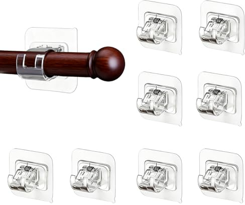 8 Pack Self-Adhesive Curtain Rod Brackets, No Drill Adjustable Curtain Rail Holders, Transparent Wall Mounted Drapery Hooks Towel Pole Holder Nail-Free for Bedroom Kitchen Bathroom Door Window