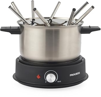 Progress Electric Fondue Maker – Comprend 8 fourchettes en acier inoxydable et pot amovible, capacité de 1,5 litre, contrôle de température réglable, voyants lumineux d'alimentation, 1500W