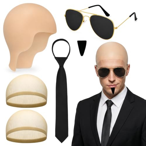 6 Pcs Bald Cap Set for Adults, Latex Bald Head Costume Kit with Sunglasses, Black Tie, Fake Beard and Hair Nets, Funny Fancy Dress Accessories for Halloween, Stag Do and Cosplay Party (Style A)