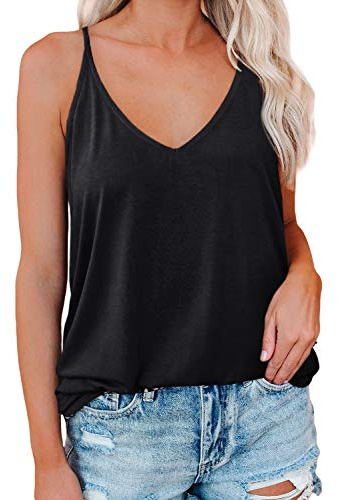 LOLONG Camisole for Women Sexy V Neck Spaghetti Strap Sleeveless Black Tank Tops Summer Casual Loose Fit Beach Flowy Solid Shirts