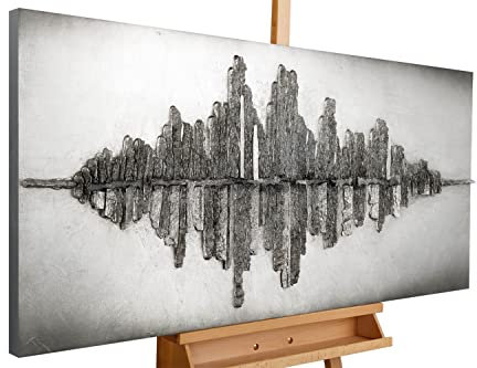 KunstLoft Wanddeko Holz rustikal | 100% HANDGEFERTIGT | 120x55x7cm | Holzbild 3D 'Frequency 1001' | Abstrakt | Gold | Wandbild Holz Farbe Silber