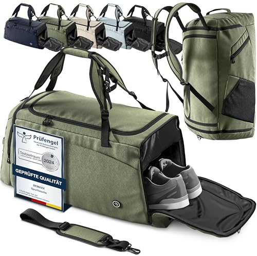 bemaxx Sportväska Träningsväska Herrar Damer + Ryggsäcksfunktion, Skofack, Våtfack | Resväska Simväska Fitnessväska Sport Gym Fitness Axelremsväska Handbagage Weekenderväska Resa Väska | 60 L, Grön