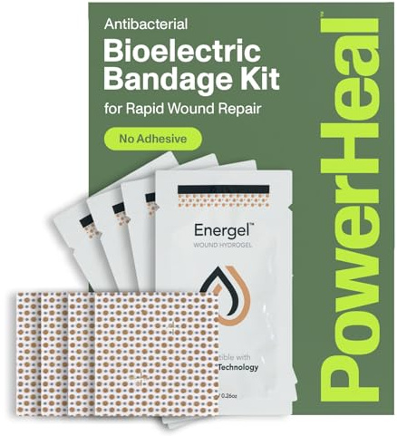 PowerHeal Bioelectric Bandage Kit for Wound Care & Healing – Single Layer No Adhesive Includes Wound Hydrogel, Can Be Cut to Fit – for Cuts, Abrasions, Blisters, Burns – 4-Pack, 2” x 2”