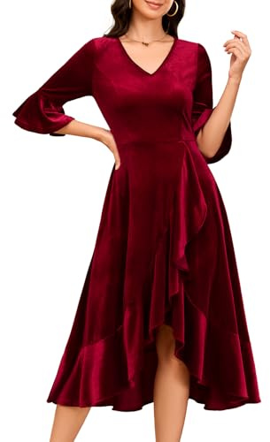 HomRain Abito da cocktail da donna, in velluto, con maniche a 3/4 a campana, per feste serali, matrimoni, invitati, Velluto-rosso scuro, S
