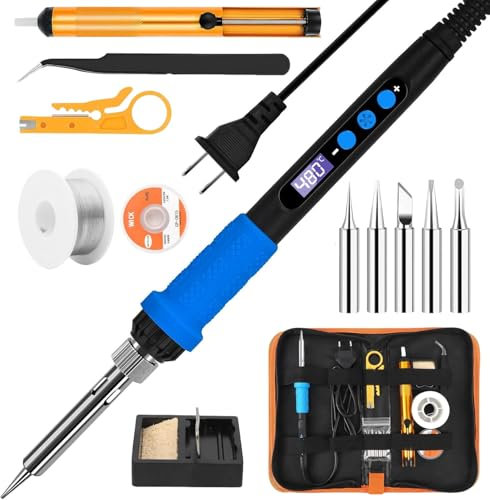 Weinsamkeit Fer à Souder Kit 80W avec Ecran LCD et Température Réglable (180-480°C), Fer à Souder avec Marche/Arrêt, 5 Pannes, Fil de Soudure, Pompe à Dessouder, Station de Soudage, Pincettes