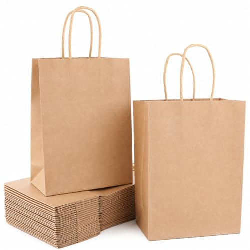 LDXDRU 150 Pcs Sac kraft avec poignée, 15x8x21cm Marron Sac Cadeau, Pochette Papier Sacs Cadeaux, sac kraft petit format,Sachet Kraft pour Fête Noël Mariage Anniversaire