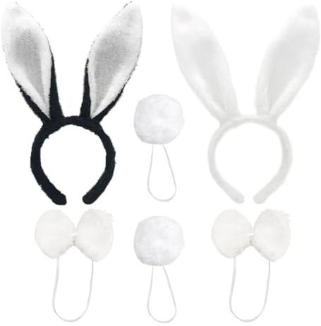 UILYNIU 6 Pièces Costume Lapin Ensembles, Oreilles de Lapin de Pâques Bandeau Nœud Papillon Queue de Lapin, Accessoires de Costume de Lapin pour Halloween, Pâques, fête, cosplay