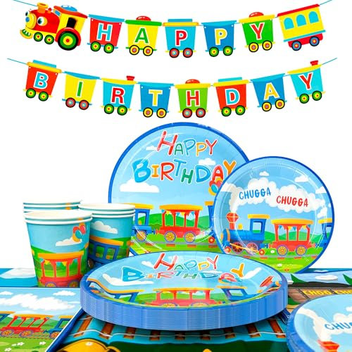 Train Party Supplies,16 Guests Train Party Tableware Set - Trains Birthday Plates Cups and Napkins Tablecloth etc Birthday Decorations Tableware for Boys/Girls Kids
