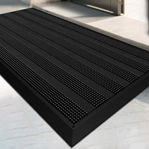 Mibao Front Door Mat Entrance, Waterproof All Weather All Season Non-Slip Rubber Welcome Mat, Dirt Trapper Low-Profile Heavy Duty Mud Doormat for Patio Entryway Garage Pool, 17 x 36, Black