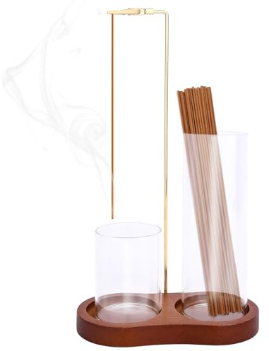 Porta Incenso 2 in 1, Vassoio Brucia Incenso Legno con Supporto in Ferro e 2 Raccoglitori di Cenere Vetro Fornitura Stoccaggio per Bastoncini per Yoga SPA Arredamento Casa