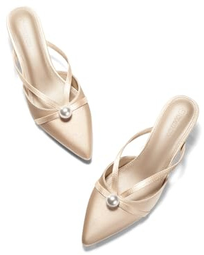 Coutgo Womens Pearl Kitten Heels Mules Closed Pointed Toe Sandals Satin Wedding Party Dress Shoes, Champagne Gold, Size 7.5