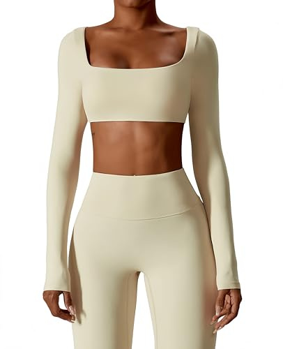 Zesoyne Womens Athletic Crop Top Long Sleeve Square Neck 4-Way Stretch Shirt with Removable Pads for Workout Yoga Running M Beige