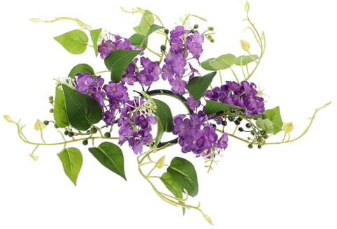 NULYLU European Style Artificial Hyacinth Candle Ring Wreath Purple Decorative Flower Candleholder for Wedding Table Centerpiece Rustic Pillar Candle Ring for Home and Party Decor