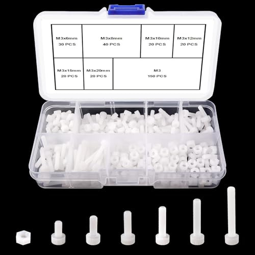 Lyeteung 150 Sets 6 Misure M3 Kit Bulloni e Dadi in Nylon, Vite a Esagono Incassato a Testa Esagonale in Nylon, Dadi Esagonali in Plastica, Bianco