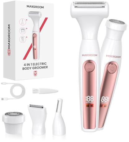 MAXGROOM 4 In 1 Rasoio Elettrico Donna, Depilatore Corpo Donna, Rasoio Parti Intime Kit per Corpo e Inguine Ricarica Rapida Type-C, Led Display