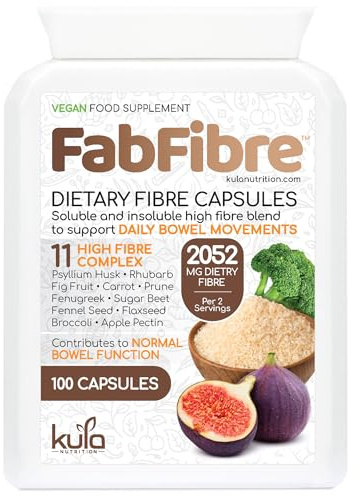 FabFibre – Dietary Fibre Complex (1026mg Fibre per Serving) – Insoluble and Soluble Fiber Supplement – Psyllium Husk Powder, Flaxseed - Supports Daily Bowel Movements - 100 Vegan High Fibre Capsules