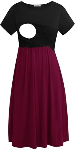 Smallshow Vestido para Premamá de Mangas Cortas Ropa Casual de Maternidad para Lactancia Black/Wine X-Large