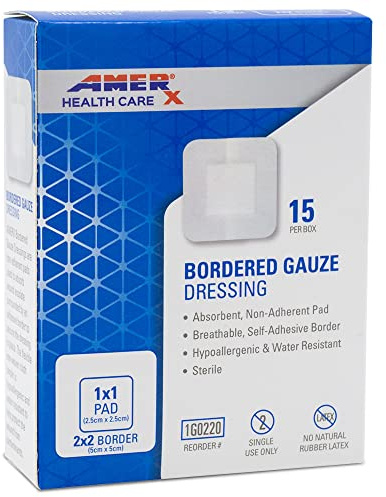2 x 2 Dressing (1x1 Pad) AMERX Bordered Gauze - Adhesive Bandages - Water Resistant Barrier - Self Adhesive Border - Breathable, Hypoallergenic - 15 Pads Per Box