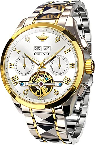 OLEVS Men Skeleton Watch Automatic Mechanical Self Winding Sapphire Crystal Luxury Dress Tungsten Steel Waterproof Two Tone Strap