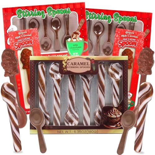Needzo Ultimate Stirring Spoon Assortment, Chocolate and Caramel Edible Spoons for Hot Cocoa and Gourmet Gift StockingStuffers, Pack of 5