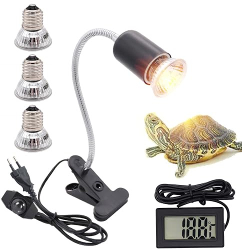 Lotvic Lámpara para Tortuga, Lámpara de Reptiles y Anfibios, Pinza Giratoria de 360°, Lampara de Calor Temperatura Ajustable Lámpara para Reptiles con 3 Bombillas y Termómetro