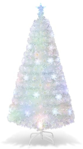 GYMAX 120 cm Künstlicher Weihnachtsbaum, Kunstbaum mit Glasfaser & 18 LED-Farblichtern, Deko Tannenbaum mit Baumkronenstern & Metallständer, für Zuhause & Büro, Weiß