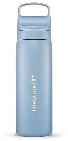 LifeStraw Go Series – Double Wall BPA-Free Vacuum Insulated 18 oz Stainless Steel Water Filter Bottle for Travel and Everyday use; Icelandic Blue