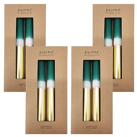 Stavljus 16 stycken | grön-vit-guld | höjd 9,5 cm Ø 2,3 cm | brinntid 5 timmar – 3 färgade spetsljus | premiumkvalitet | pajoma
