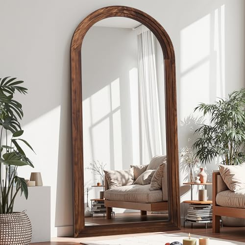 Antok Floor Mirror, Wood Full Length Mirror Wooden Full Body Mirror with Stand, Hanging Mounted for Living Room Cloakroom, 71×32, Walnut, Arched Style