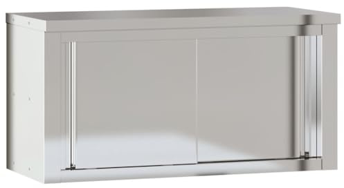 vidaXL Stainless Steel Kitchen Wall Cabinet with Sliding Doors for Restaurant or Commercial Kitchen Storage, 36.2x15.7x18.1, Silver