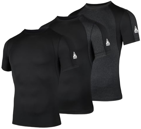 AMZSPORT Kortärmad kompressionströja för herr sport gym, 3-pack: svart + svart + grå, S