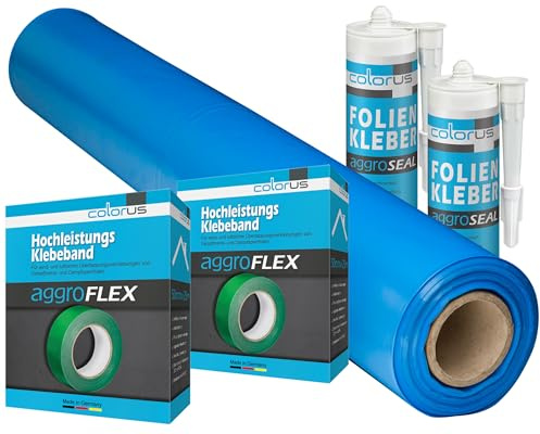 Colorus Dampfbremse Set Dampfsperrfolie 4 x 25m inkl. 2x Aggro Flex Tape und 2x Folienkleber für 100m² | Dampfbremsfolie Dampfsperre mit Klebeband für Dampfsperre und Dampfsperre Kleber Dachfolie