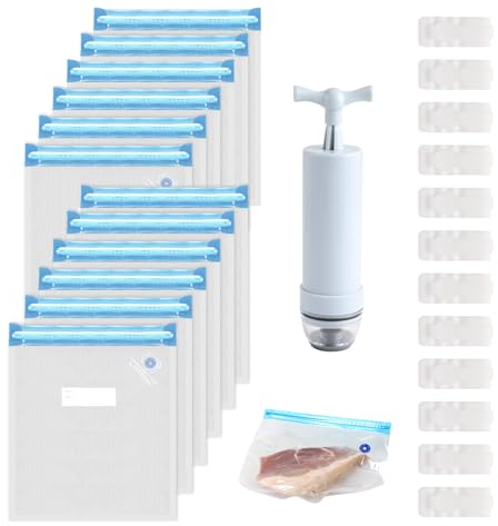 Kit de Bolsa Sous Vide Reutilizables, 12 Bolsas Reutilizables para Sellador de Alimentos al Vacío, Bolsa de vacío para alimentos con bomba manual, utilizado para almacenar comida