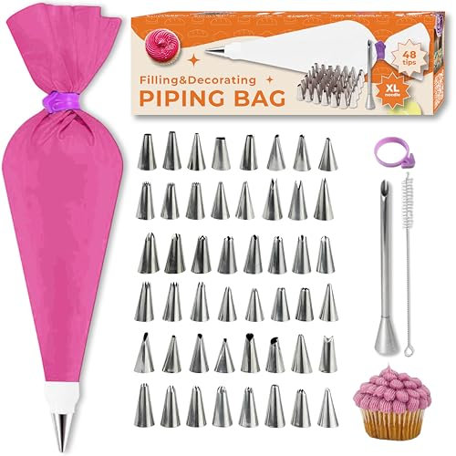 KneadEat 53PC Piping Bag & Icing Tips Set - 12 inch Silicone Bag-48 SS Tips