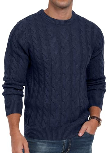 QIXING Men's Cable Knit Jumper Crew Neck Casual Long Sleeve Chunky Knit Sweater with Ribbing Edge(C Navy Blue, L)