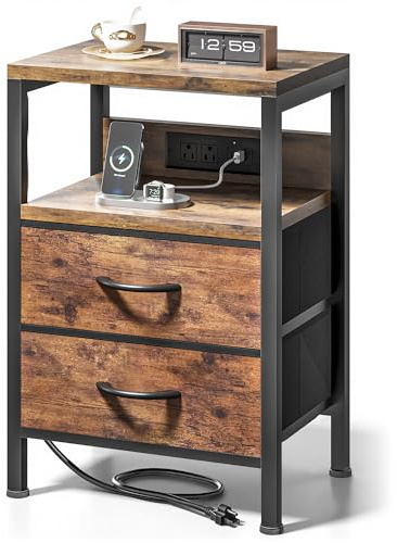 Lazzanto NightStand Bedside Charging Table Bedroom - Brown Night Stand with Charger Station, Modern Bed Side End Table with Open Shelf & 2 Fabric Drawers, USB-C Port for Dorm, Living Room
