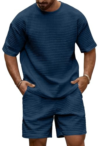 KUYIGO Men's Tracksuits 2 Piece Outfits Short Sleeve Crew Neck Waffle Texture Pullover Tracksuit Set Sweatshirt and Joggers Waffle Tops Bottoms Casual Sport Activewear Suit