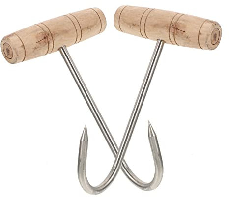 GRIRIW Crochets à Viande t En Acier Inoxydable Manche En Bois 19 Cm Solide Pour Barbecue Cuisine Lot De 2 Accessoires De Grillades Portables