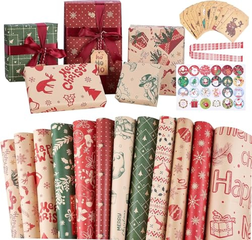 Greitsyy Paquete de rollo de 70 cm x 50 m Papel de Navidad, papel Kraft impreso con patrón de Navidad Papel de regalo reciclable para papel de regalo de fiesta de Navidad